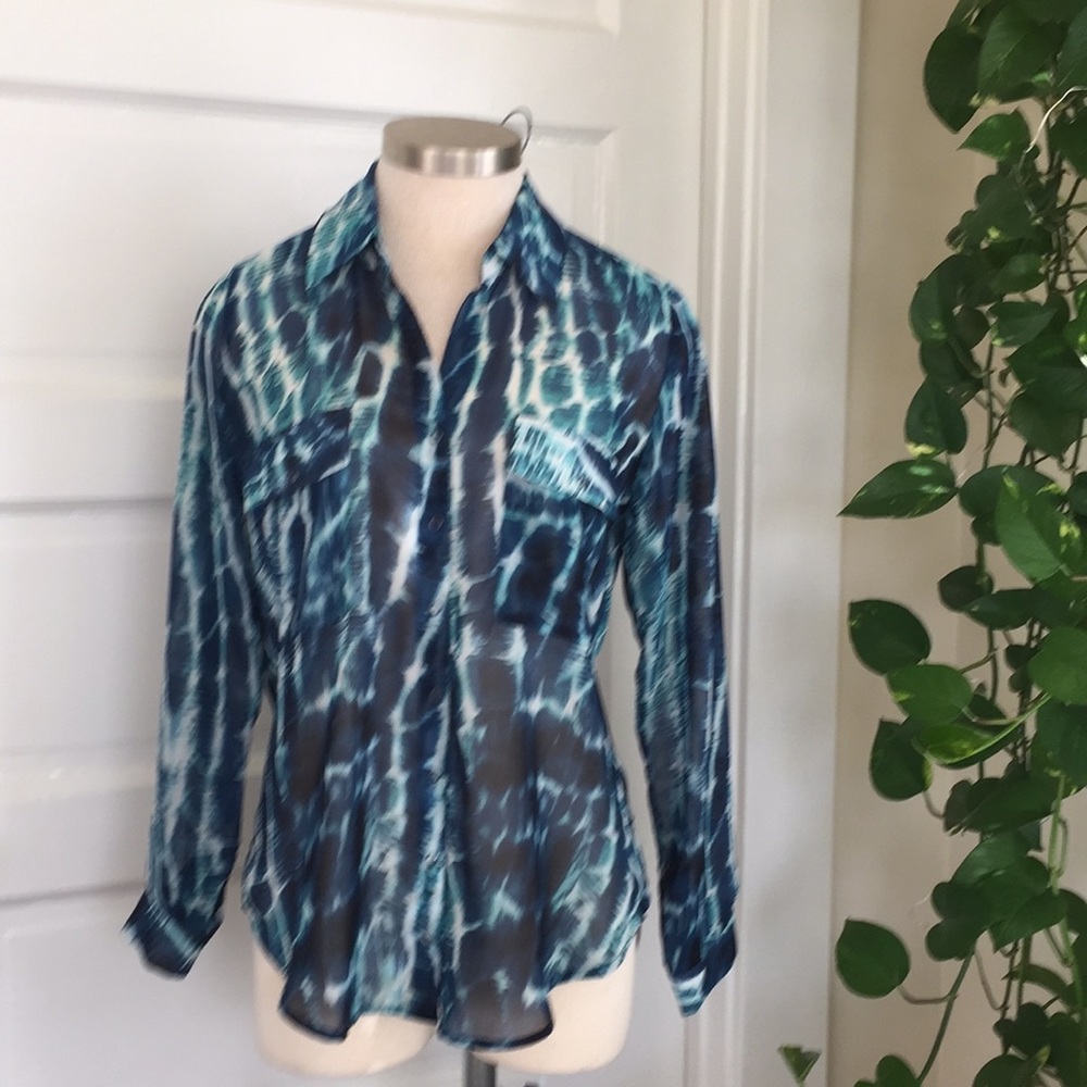 Turquoise animal print sheer blouse